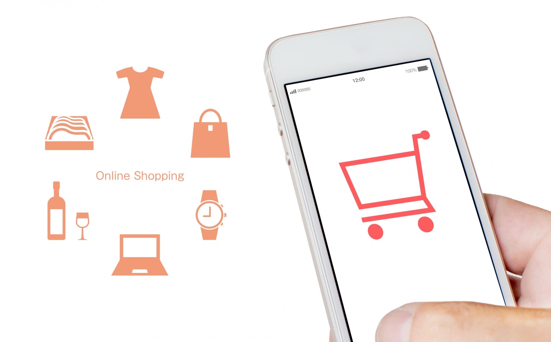 スマートフォンの画面に映るショッピングカートとオンラインショッピングのイラスト
