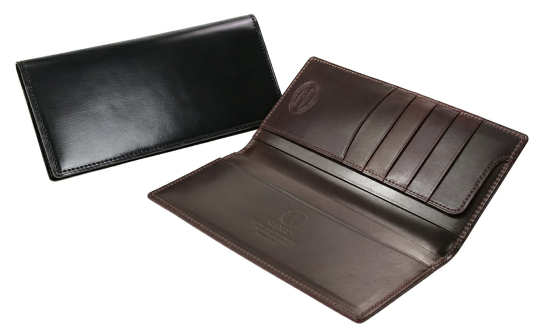 ガンゾ（GANZO）ブラックの二つ折り長財布とブラウンの開いた長財布
