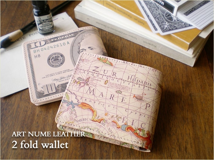 ヒラメキhiramekiアートヌメレザー2つ折り財布（アンティークマップ柄）