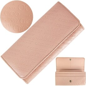 ジミーチュウのロゴがさりげなく型押しされたフラップ式長財布（ピンク）