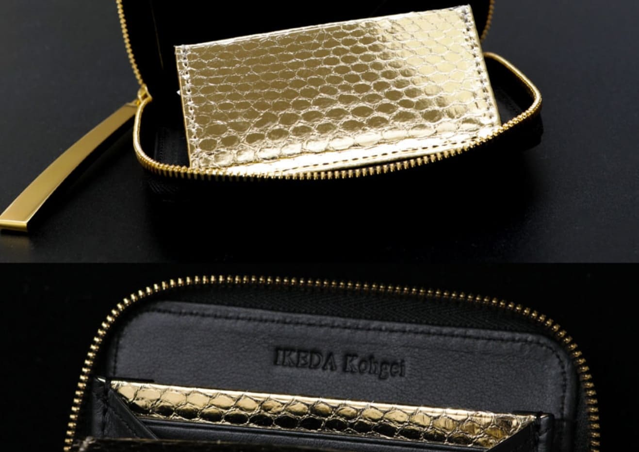 池田工芸のクロコダイル・ゴールドパイソンミニ財布のロゴ部分
