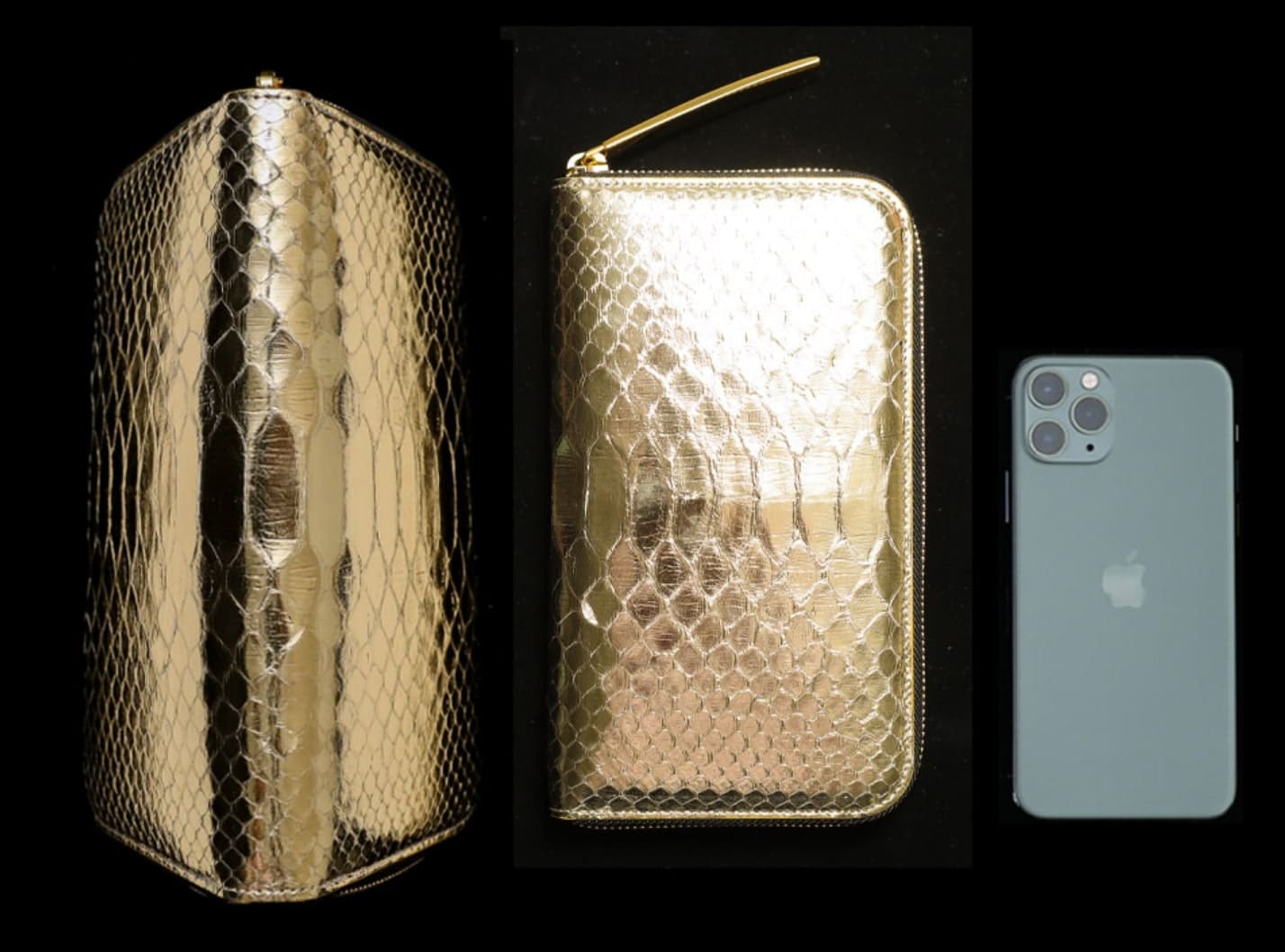 iPhoneと並んだ池田工芸のゴールドパイソン財布