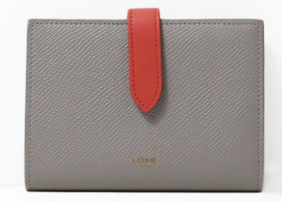 セリーヌ（CELINE）グレーのバイカラーグレインカーフストラップウォレット