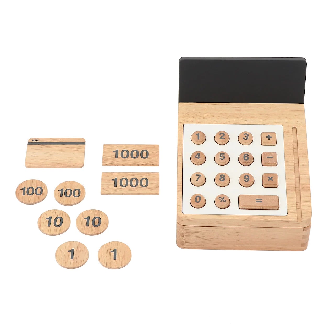 木製の電卓とお金とカード
