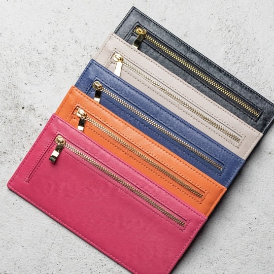 ムラの本革サフィアーノレザースキミング防止機能付き　薄型長財布（ピンク、オレンジ、ブルー、サンドベージュ、ブラック）
