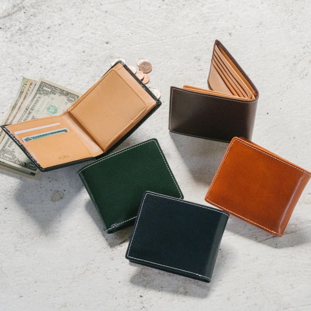 ムラのイタリアン/フルグレインレザー　スキミング防止機能付き二つ折り財布　メンズ　（ブラック、グリーン、キャメル、ダークブラウン、ネイビー）