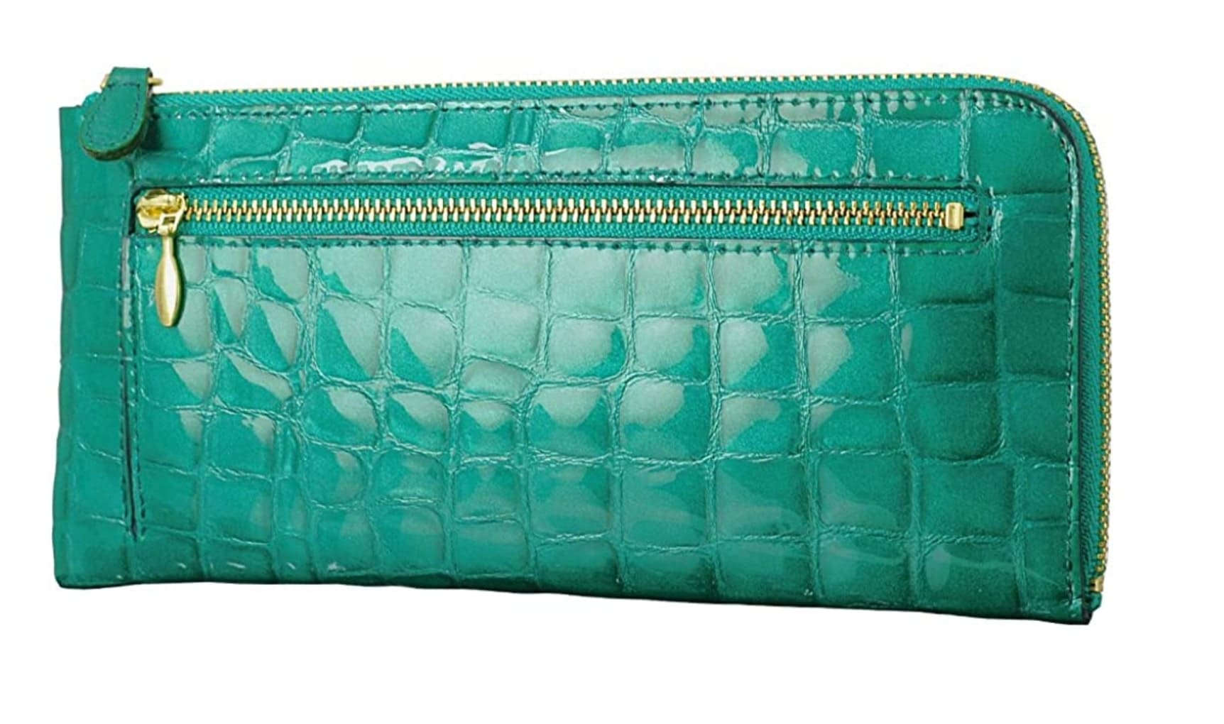 緑の財布 「京都 浪速屋」のエナメル クロコ型押し L字ファスナー レディース 長財布